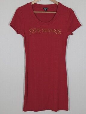 True Religion Red Rhinestone Spellout Logo Ribbed Mini T-Shirt Dress M Mcbling